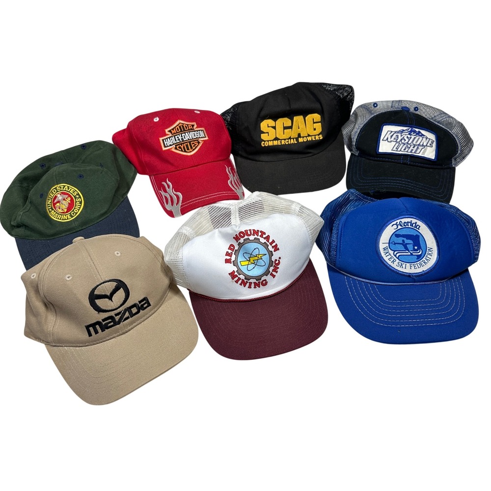 Vintage Hat Lot 7pc Harley Davidson Mazda Keystone Light USMC Trucker Caps